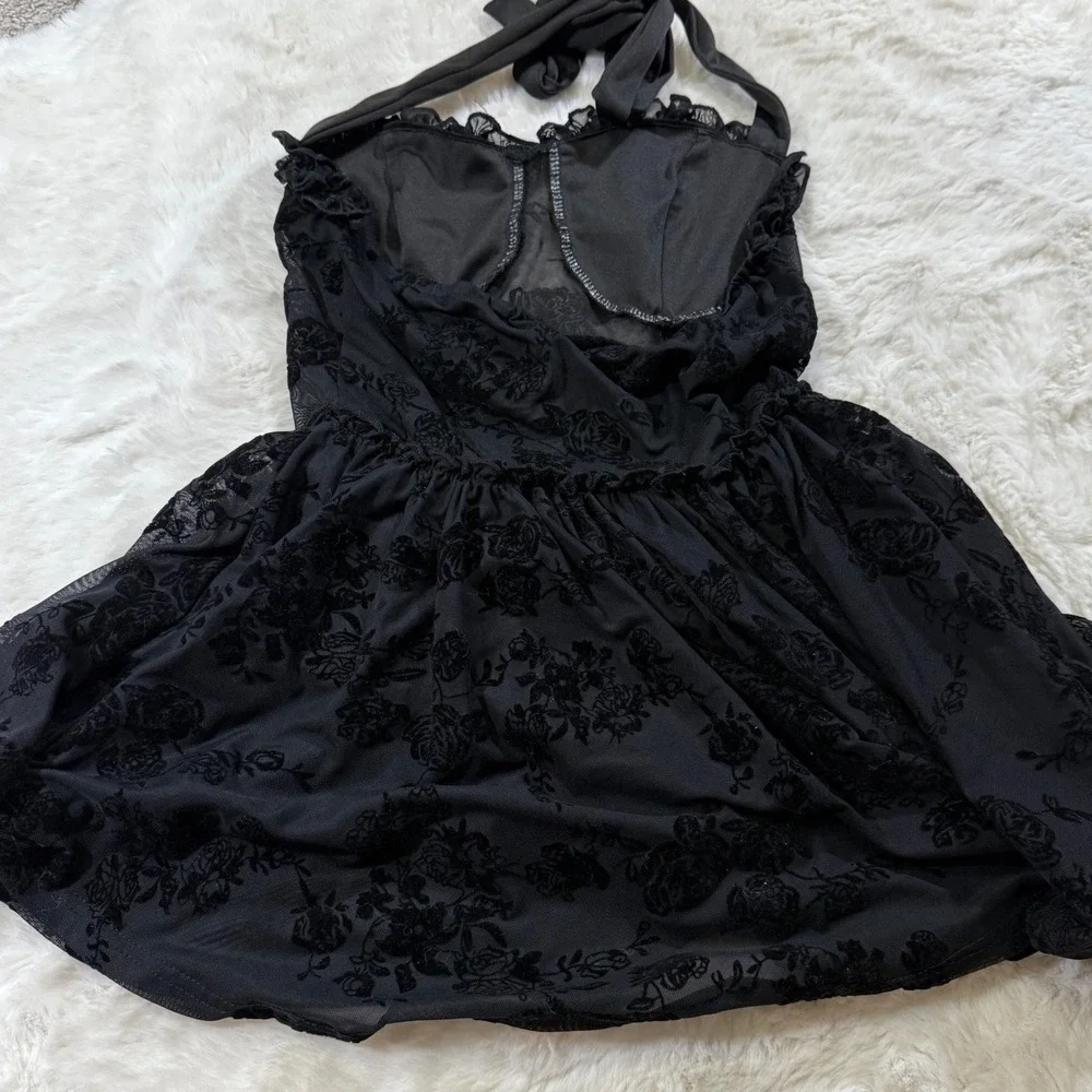 Y2K Whimsigoth Floral Velvet Dress Mesh Halter Romper Goth Whimsigoth Dark XS/S